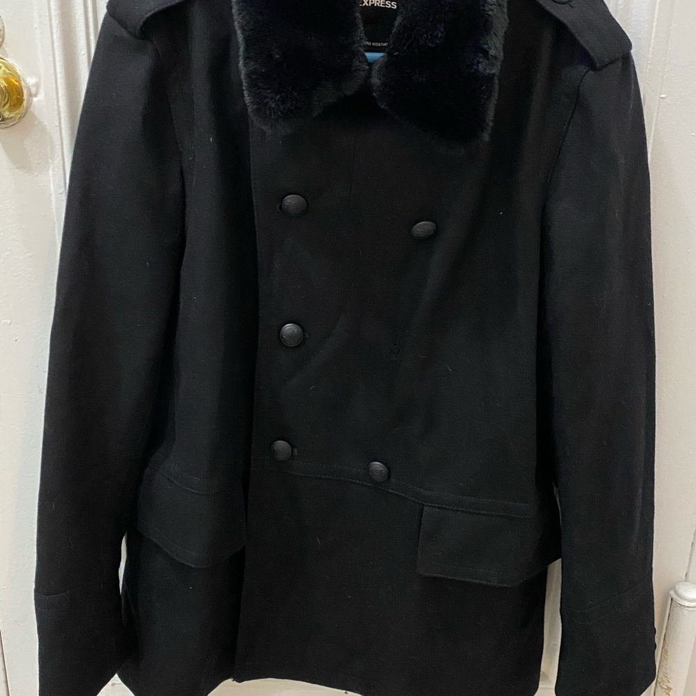 Express Men's Black Peacoat with Fur Collar
